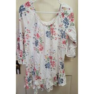 Terra & Sky Boho Blouse White Floral Ruffle Bell Sleeve Rayon 0X 14W